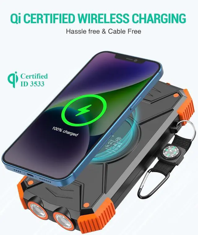 Alt view image 2 of 7 - Solar Charger Power Bank 10 000mAh Portable Wireless Charger 20W Fast Charging External Battery Pack with USB C for Cell Phones Solar Panel Charger with Dual Flashlight for Camping