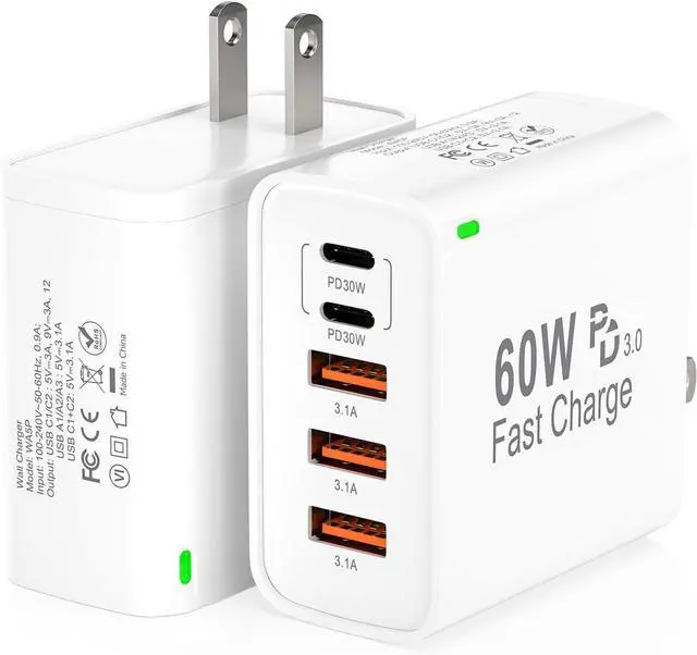 Main image of 2Pack USB C Fast Charger Block 60W 5-Port USB C Wall Charger 30W Type C Charging Block 2USB C+3USB A PPS/PD 3.0 Multiport Charging Cube for iPhone 16 15 14 13 Pro Max for Galaxy S25 S24 Ultra i Pad