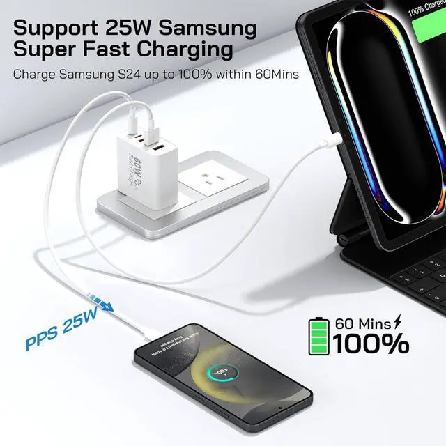Alt view image 3 of 7 - 2Pack USB C Fast Charger Block 60W 5-Port USB C Wall Charger 30W Type C Charging Block 2USB C+3USB A PPS/PD 3.0 Multiport Charging Cube for iPhone 16 15 14 13 Pro Max for Galaxy S25 S24 Ultra i Pad