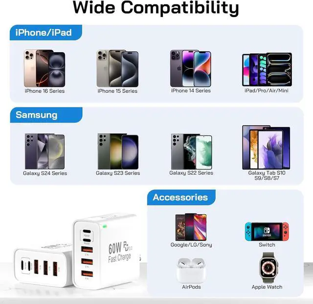 Alt view image 6 of 7 - 2Pack USB C Fast Charger Block 60W 5-Port USB C Wall Charger 30W Type C Charging Block 2USB C+3USB A PPS/PD 3.0 Multiport Charging Cube for iPhone 16 15 14 13 Pro Max for Galaxy S25 S24 Ultra i Pad