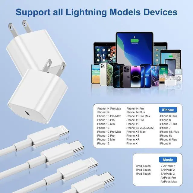 Alt view image 7 of 7 - for iPhone Fast Charging Block with 10ft Cable for  Certified 2Pack Wall Charger Plug and USB C to Lightning Cord Long Type C Power Adapter Cube Brick for  iPhone 14 ProMax/13 Pro/12 Mini/11