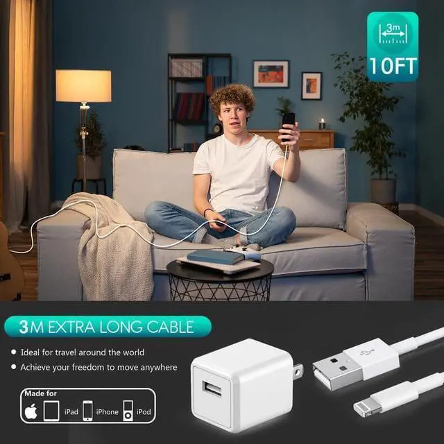 Alt view image 7 of 7 - iPhone Charger Extra Long 2 Pack 10FT Lightning Cable Cube i Phone 12 Charger Charging Transfer Cord Cable with USB Plug Wall Charge Block Travel Adapter for iPhone 14/13/12/11/SE2022/8/7/XS/XR/X/iPad
