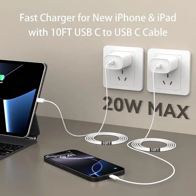 Alt view image 5 of 7 - iPhone 16 Pro Max Charger - Fast Charging 10 FT USB C Cable With 20W Charger Block For iPhone 16/15/15 Series & iPad Pro