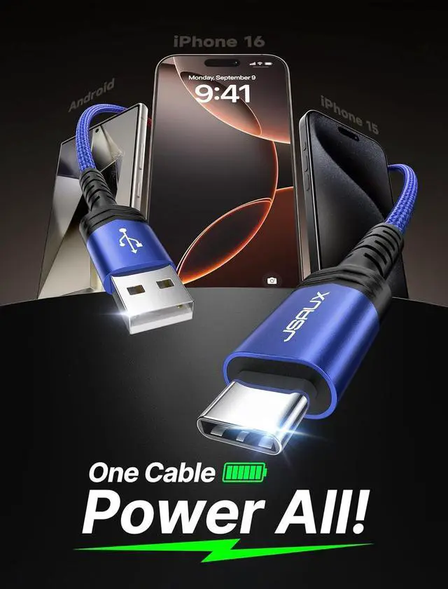 Alt view image 2 of 7 - USB-C Cable Fast Charging 3-Pack(10ft+6.6ft+3.3ft) iPhone 16 Charger USB A to Type C Charge Cord for iPhone 16/16 Pro/16 Pro Max/16e/15  Galaxy S23 S22 S20 Note 20 USB C Charger(Blue)