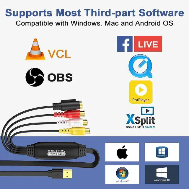 Alt view image 6 of 7 - Video Capture USB 2.0 Capture Card 1080P RCA to USB Converter-Convert VHS to Digital VCR to Digital Converter for Mac OS Windows 7 8 10 11 Compatible with Camcorder Camera PC TV (Male)