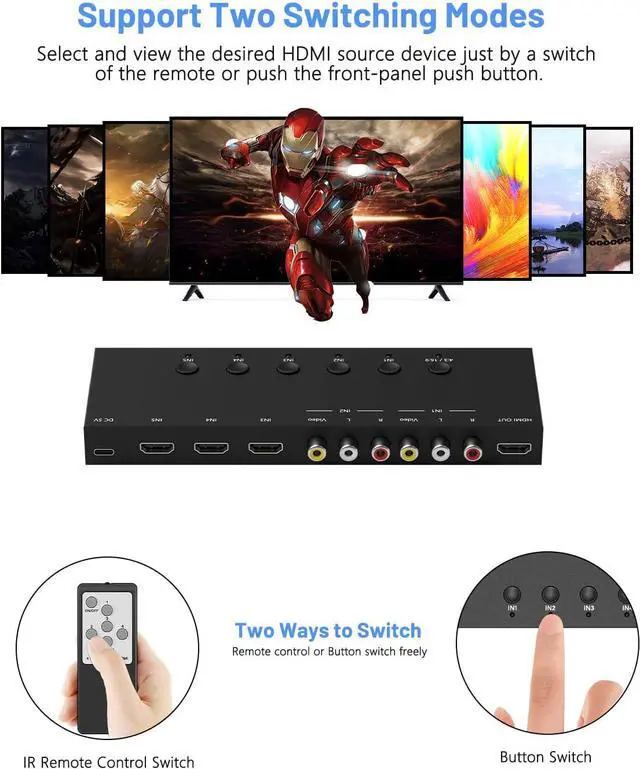 Alt view image 4 of 7 - 5 in 1 Out HDMI/AV Switcher RCA/HDMI to HDMI Converter -2 AV Inputs 3 HDMI Inputs Support HDR & HDCP 2.2 & Full 3D for Sega/Xbox/PS1/PS2/Xbox PS5/PS4  Fire Stick