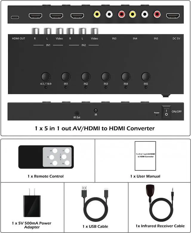 Alt view image 7 of 7 - 5 in 1 Out HDMI/AV Switcher RCA/HDMI to HDMI Converter -2 AV Inputs 3 HDMI Inputs Support HDR & HDCP 2.2 & Full 3D for Sega/Xbox/PS1/PS2/Xbox PS5/PS4  Fire Stick