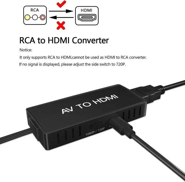 Alt view image 7 of 7 - RCA to HDMI Converter AV to HDMI Converter Adapter Composite to HDMI Converter Wii/PS2/VHS/VCR/DVD/X box/n64 to HDMI Converter for New TV Support PAL/NTSC 720P/1080P