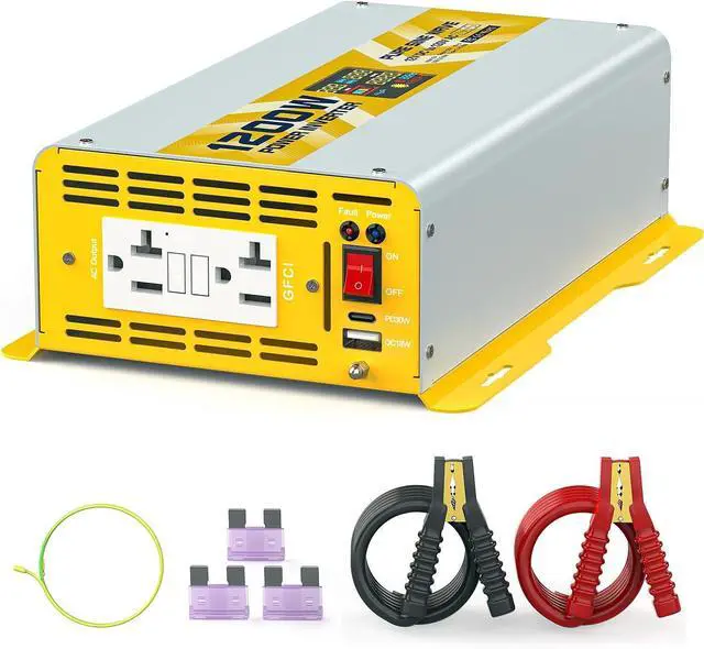 Main image of 1200W Power Inverter Pure Sine Wave 12V DC to 120V AC Converter 2400 Watt Peak Power with GFCI for RV Boat Off-Grid (1200W-12V)