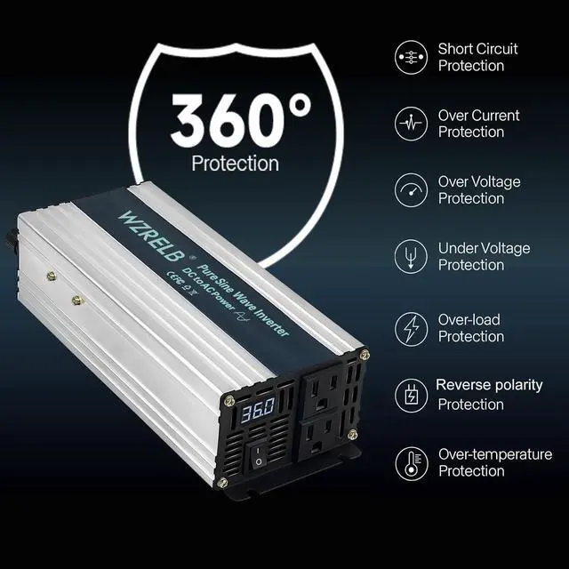 Alt view image 2 of 6 - 1000W Pure Sine Wave Inverter 36V DC to 110V 120V AC Power Converter with LED Display Off-Grid Portable Power Inverter with 2 AC Outlets for Home RV Truck Camping