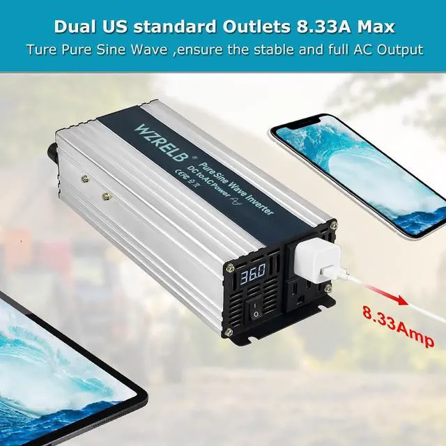 Alt view image 4 of 6 - 1000W Pure Sine Wave Inverter 36V DC to 110V 120V AC Power Converter with LED Display Off-Grid Portable Power Inverter with 2 AC Outlets for Home RV Truck Camping