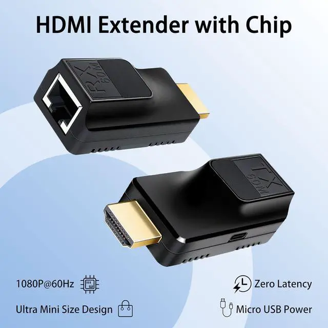 Alt view image 6 of 7 - HDMI Extender Over Cat5e/Cat6 Ethernet Signal Transmission 60M/196ft with 1080P@60Hz RJ45 to HDMI Converter with 5V Power Adapter&HDMI Extension Cable