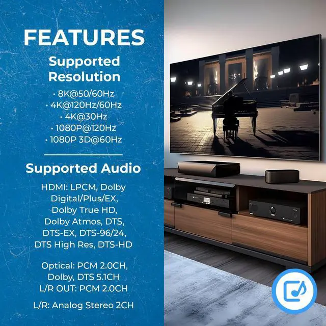 Alt view image 7 of 7 - 8K Audio Extractor HDMI UltraHD 4K @ 120Hz 48G HDMI 2.1 Audio Converter for PS5 SPDIF + 3.5mm Output HDCP 2.3 - Dolby Digital/DTS Passthrough CEC HDR Dolby Vision ARC HDR10+ (BKA-1)