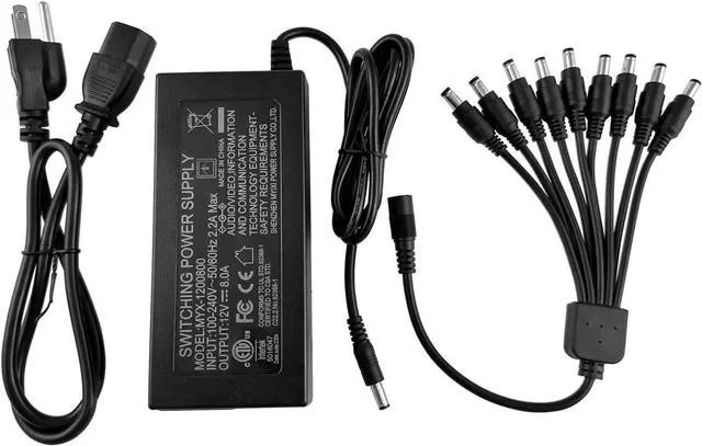 Main image of 12V 8A Power Adapter for Security Cameras and DVRs with 9-Way Splitter 100V-240V 2.1x5.5mm Power Supply Compatible with Lorex Night Owl Swann ZOSI Reolink Annke IP and BNC Cameras