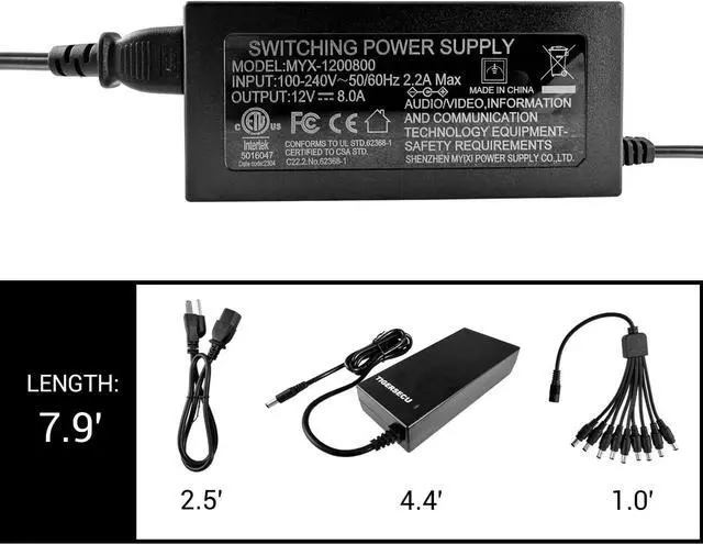 Alt view image 4 of 7 - 12V 8A Power Adapter for Security Cameras and DVRs with 9-Way Splitter 100V-240V 2.1x5.5mm Power Supply Compatible with Lorex Night Owl Swann ZOSI Reolink Annke IP and BNC Cameras