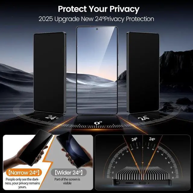 Alt view image 4 of 7 - -2+2 Pack 9H+ Hybrid Glass for  Galaxy S25 Ultra Screen Protector [0.02S Sensitive Fingerprint ] [24 Super Privacy] [Military Grade Shatterproof] Self Installation Case Friendly