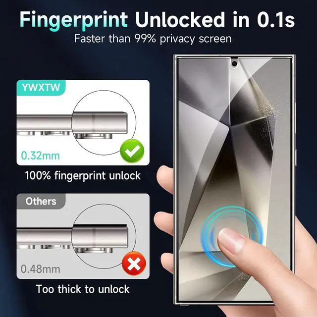 Alt view image 2 of 6 - EZ Unlock for  Galaxy S24 Ultra Privacy Screen Protector [0.1S Ultrasonic Fingerprint Support] [Not Glass] 25 Anti Spy Private S24 Ultra Screen Protector Case Friendly 2 Pack