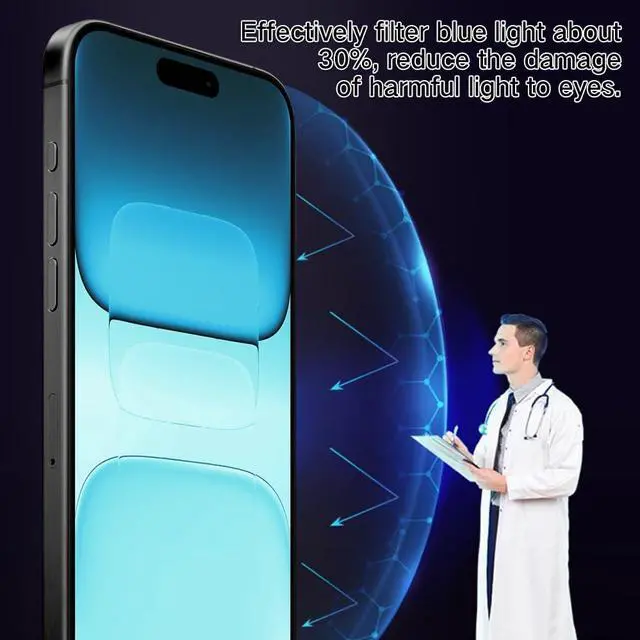 Alt view image 2 of 7 - 2 Pack Anti Blue Light Screen Protector for iPhone 16 Pro Max 2024 6.9 inch 6X Stronger HD Clear Blue Light Blocking Tempered Glass - Eye Protection Anti Eye Fatigue Eye Dry