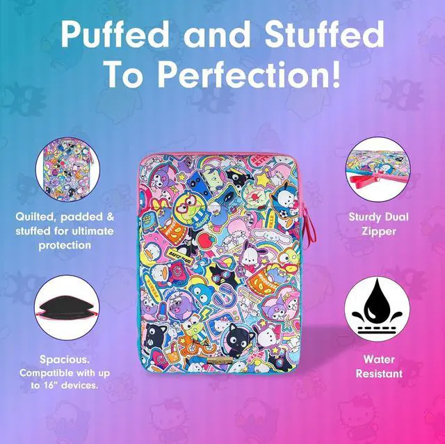 Alt view image 3 of 7 - x Sanrio | Puffy Laptop Sleeve | 15-16 Inch Quilted Pillow Puffer Laptop Carrying Case Computer Sleeve | Hello Kitty & Friends Stickers