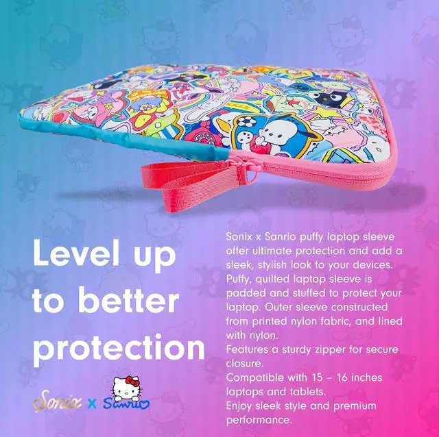 Alt view image 5 of 7 - x Sanrio | Puffy Laptop Sleeve | 15-16 Inch Quilted Pillow Puffer Laptop Carrying Case Computer Sleeve | Hello Kitty & Friends Stickers