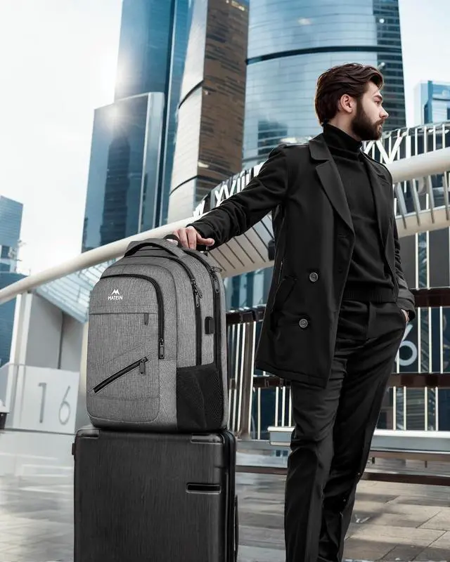 Alt view image 7 of 7 - Travel Laptop Backpack 17 Inch Business Flight Approved Carry on Backpack TSA Large Computer Bag for Men Women with USB Port and Trolley Sleeve College School Tactical Book Bag Grey