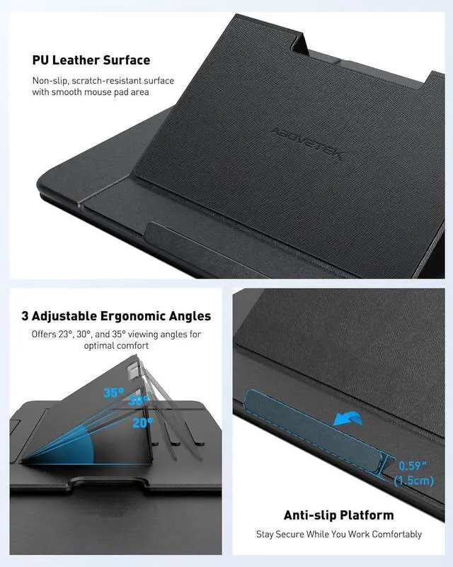 Alt view image 5 of 7 - Adjustable Laptop Lap Desk 3 Ergonomic Angles PU Leather Non-Slip Surface Heat Shield Retractable Mouse Pad Portable Laptop Lap pad Workstation for Bed Sofa Travel