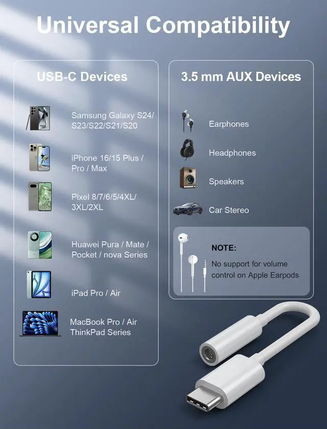 Alt view image 4 of 7 - USB-C to 3.5mm Audio Headphone Adapter - HiFi 2 Pack Compatible with  iPhone 16 15  Galaxy S25 S24 S23 S22 S21 Plus Pro Max Ultra Pixel iPad - Type C to Aux Cord Jack Dongle Adapter