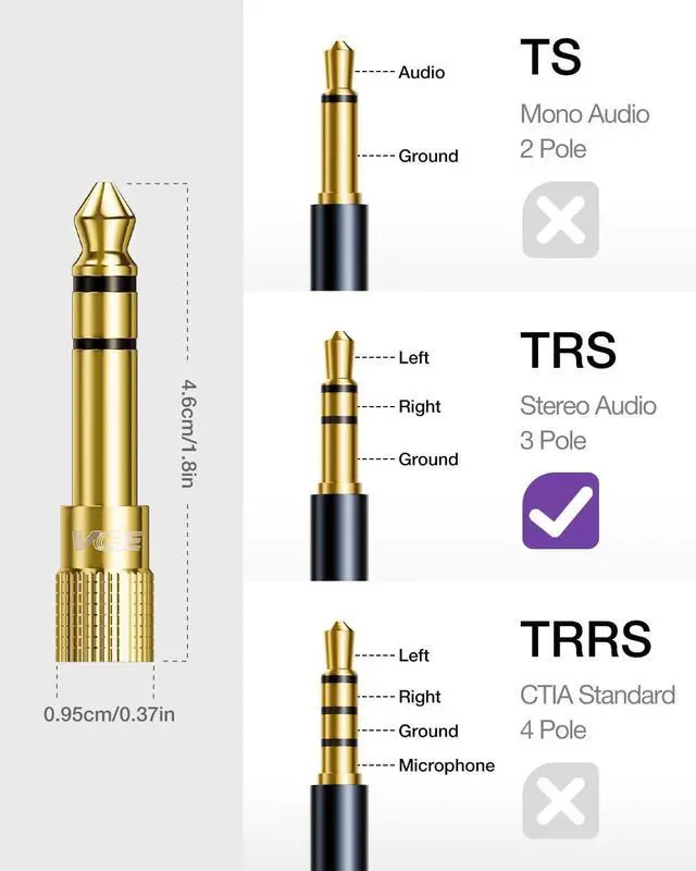 Alt view image 6 of 7 - 6.35mm (1/4 inch) Male to 3.5mm (1/8 inch) Female Stereo Audio Jack Adapter for Aux Cable Guitar Amplifier Headphone 2 Pack