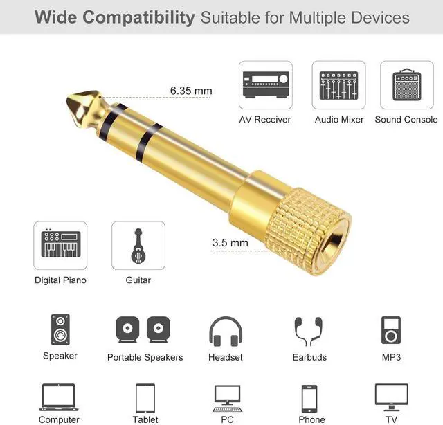 Alt view image 4 of 7 - 5-Pack 3.5mm to 1/4 Adapter Gold Plated Headphone Jack Adapters 1/4 to 3.5mm Adapter Stereo Audio Headphone Adapters for Aux Cable Headphones Piano Drums Guitar Amplifier