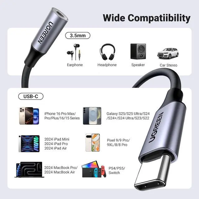 Alt view image 7 of 7 - USB C to 3.5mm Audio Adapter Type C to Headphone Aux Jack Dongle 24bit/96kHz HiFi DAC Cable Cord Compatible with iPhone 16 15 Pro Max/16 Plus iPad Galaxy S25 S24 Ultra Pixel 9 Grey