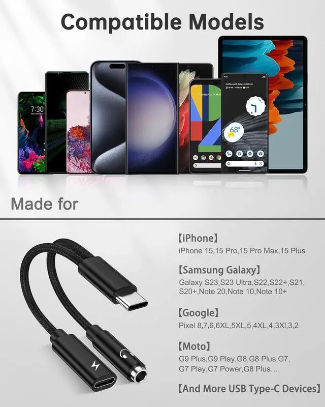 Alt view image 7 of 7 - 2Pack 2 in 1 USB C to 3.5mm Aux Adapter Android Dongle C to C Fast Charging for  Galaxy  iPhone 15 Headphone Jack Adapter 60W PD Aux Audio Cord Adoptor Aux Male to Female Converter