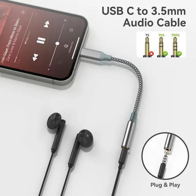 Alt view image 4 of 7 - USB C to Aux Audio Dongle Cable Cord Type C to 3.5mm Female Headphone Jack Adapter for iPhone 16 Pro Max/16 Pro 15 Pro Max/15 Pro/15 Plus  Galaxy S23/S22/S21 Ultra Pixel iPad Pro MacBook