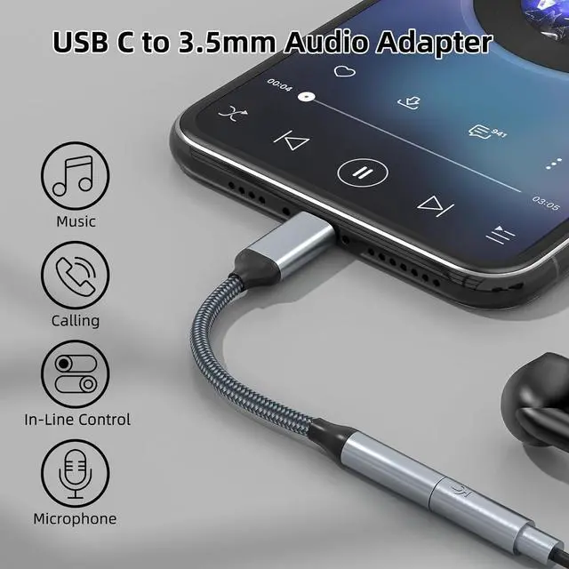 Alt view image 2 of 7 - USB C to 3.5mm Headphone Jack Adapter(2 Pack) USB-C to Aux Audio Dongle Cable for iPhone 16 Pro Max/16 Pro 15 Pro Max/15 Pro/15 Plus Galaxy S23-S21 Ultra Pixel iPad Pro MacBook (Black)