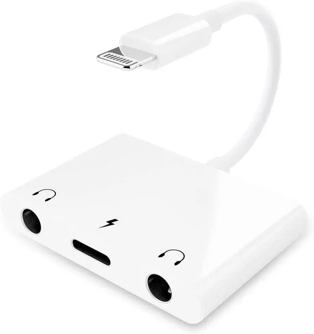 Main image of 3 in 1 Dual 3.5mm Headphone Jack Adapter - Earphone Jack Audio and Charging Adapter - Headphone Splitter for iPhone 14/13/ 12/11/ X/ 8/ iPad -Support iOS 13- White