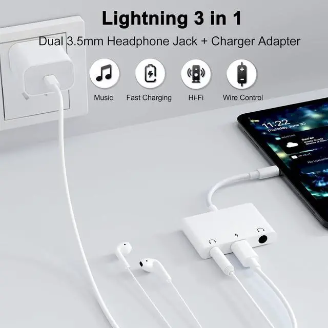 Alt view image 2 of 7 - 3 in 1 Dual 3.5mm Headphone Jack Adapter - Earphone Jack Audio and Charging Adapter - Headphone Splitter for iPhone 14/13/ 12/11/ X/ 8/ iPad -Support iOS 13- White