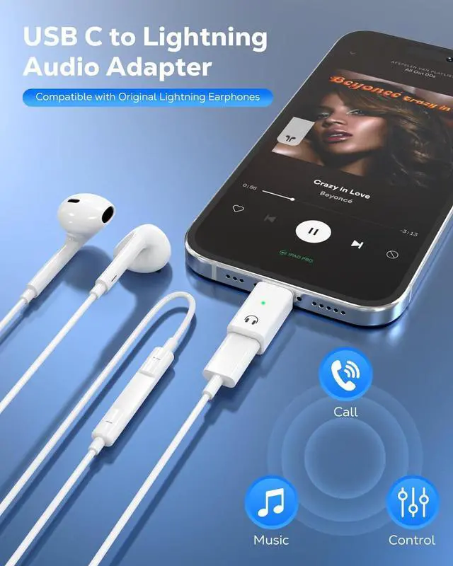 Alt view image 2 of 7 - Lightning to USB C Audio Adapter Support Line Control USB C Male to Female Lightning Headphone Earphone Adapter for iPhone 16 15 Pro Max Plus iPad Air/Pro Not for Charging/Data Transfer White