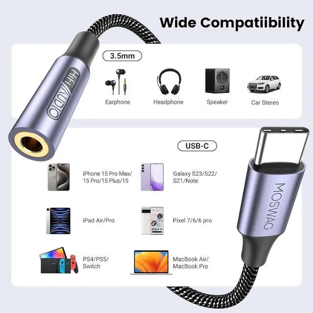 Alt view image 6 of 6 - USB Type C to 3.5mm Headphone Jack Adapter Audio Adapter USB C to Aux Dongle Cable Cord for iPhone 15 Plus/15 Pro Max  Galaxy S23 S22 Ultra S20+ Note 20 10 Pixel 7 6 5 4 and More
