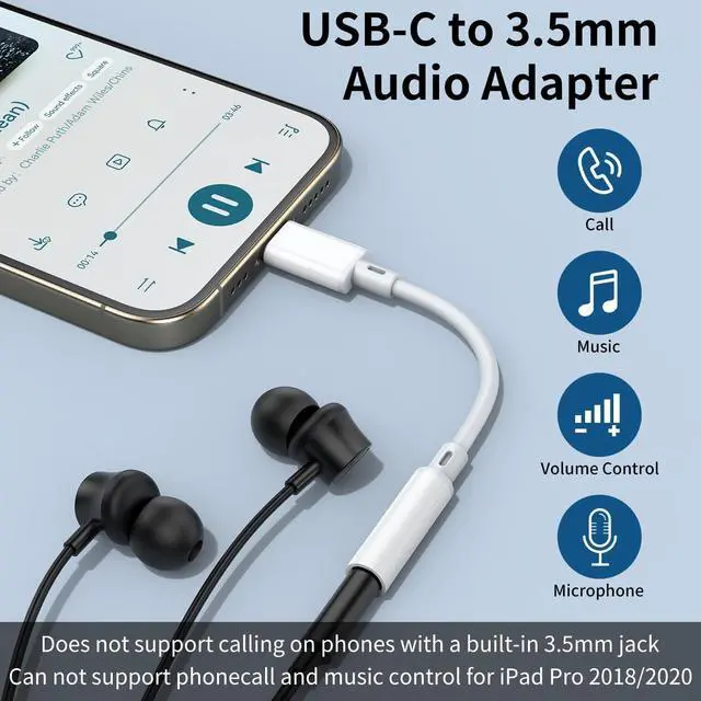 Alt view image 2 of 6 - USB C to 3.5mm Headphone Jack Adapter for iPhone 16 Pro Max Plus/15 Pro Max Type C Aux Audio Dongle Cable Cord Compatible with iPad Pro Air 4 5 Mini 6  Galaxy S24/S23/S22/S21 Ultra MacBook