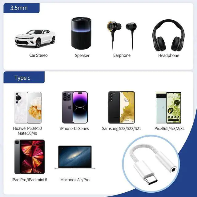Alt view image 5 of 7 - USB Type C to 3.5mm Headphone Jack Adapter (2-Pack) USB C to Aux Female Audio Dongle Cable Cord Compatible for iPhone 16 15 Plus Pro Max  Galaxy S24 S23 S22 S21Ultra Pixel iPad Pro MacBook