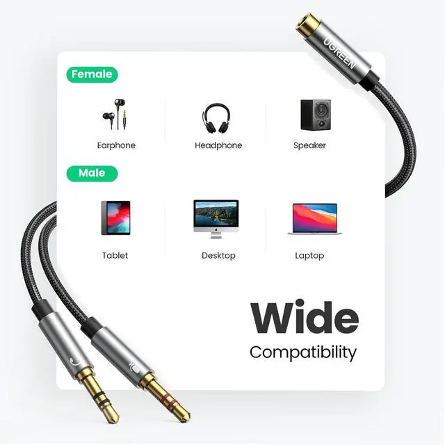 Alt view image 7 of 7 - Headphone Splitter for Computer 3.5mm Female to 2 Dual 3.5mm Male Braided Audio Splitter Cable Microphone Stereo Jack Earphones Port Cord Gaming Headset to PC Laptop Adapter Black