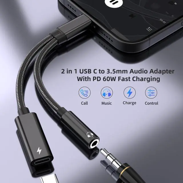 Alt view image 2 of 7 - USB C to 3.5mm Headphone and Charger Adapter 2 in 1 USB C to Aux Audio Adapter & 60W Fast Charging Dongle Compatible with iPhone 16/16 Pro/15 Galaxy S25/S24/S24 Ultra/S23 Pixel 8 iPad Pro