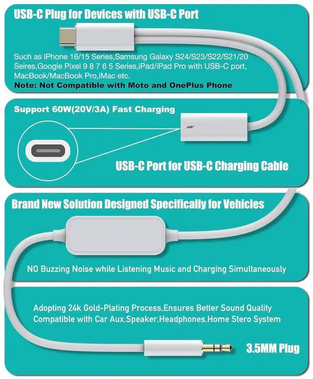 Alt view image 7 of 7 - Aux to USB C 2-in-1 USB-C to Aux Cord with Charge Port Work for iPhone 16/15 Pro Max Car USB Type-C to 3.5mm Male Audio Cable Support Calls & Fast Charging for Car Stereo Speaker Headphones