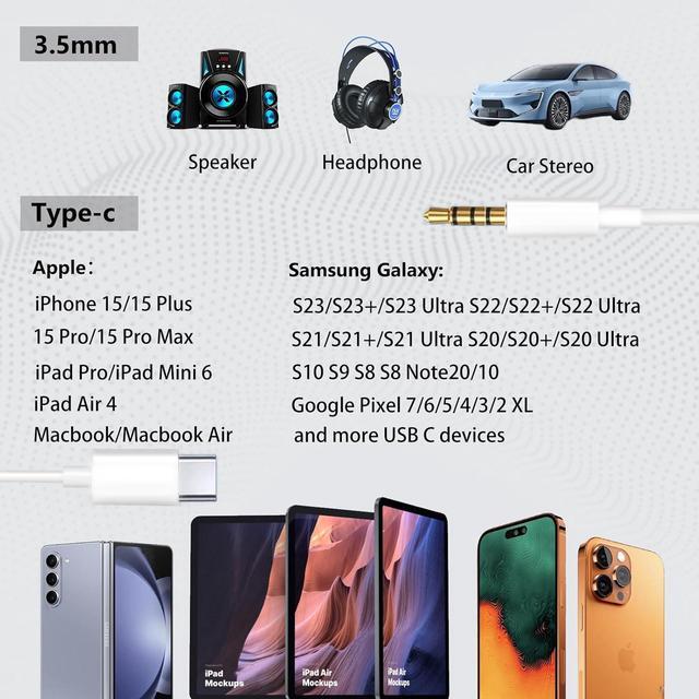 Alt view image 5 of 7 - USB C to 3.5mm Audio Aux Jack Cable Aux Cord for iPhone 15 Type C to 3.5mm Headphone Car Stereo Cord Compatible with iPhone 16 Plus /15 Pro Max  Galaxy S23 S22 Note 20 Pixel 5 XL