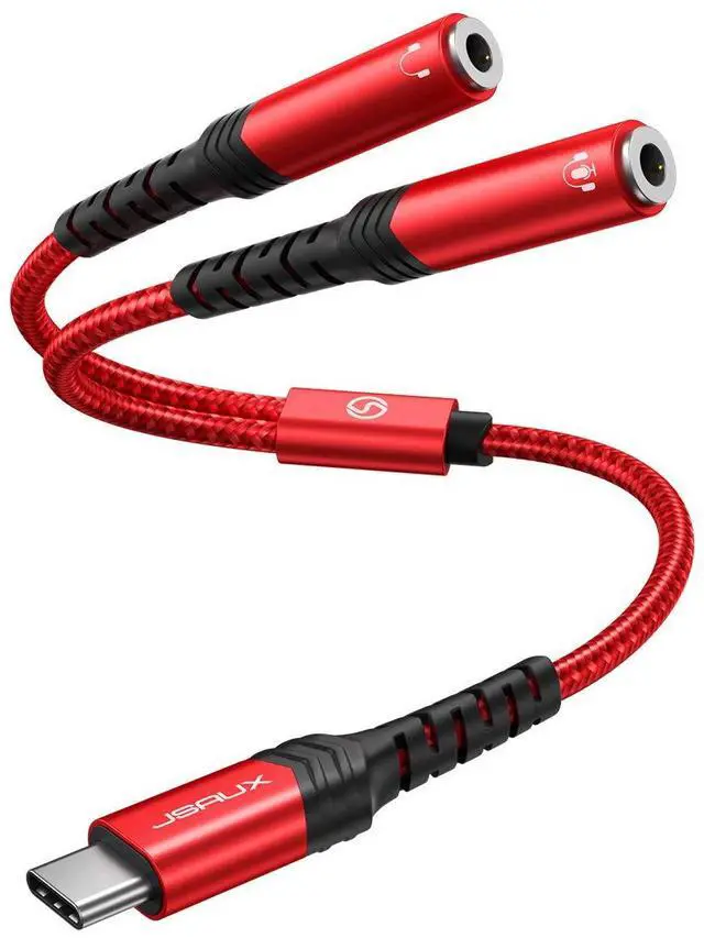 Main image of USB C to Dual 3.5mm Female Headphone Splitter Type C to Dual 3.5mm Female Aux Y Jack Headphone Adapter Compatible with iPhone 16 Pro Max/15 Pro Max Galaxy S24/23 Ultra Pixel iPad Pro-Red