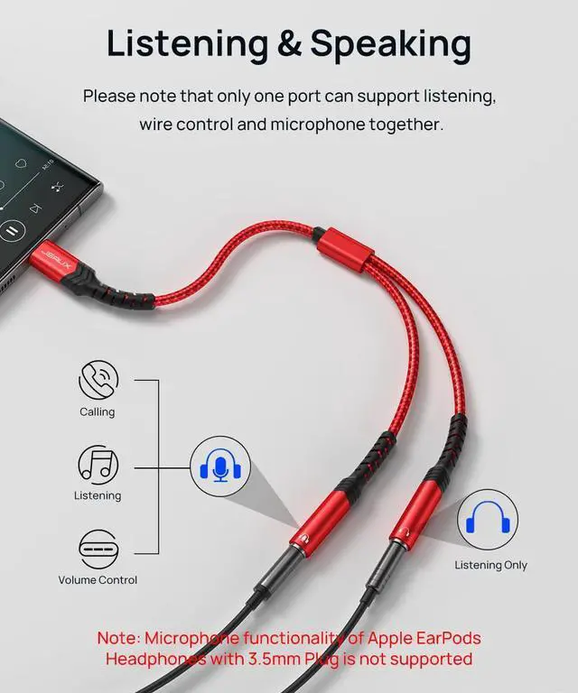 Alt view image 3 of 7 - USB C to Dual 3.5mm Female Headphone Splitter Type C to Dual 3.5mm Female Aux Y Jack Headphone Adapter Compatible with iPhone 16 Pro Max/15 Pro Max Galaxy S24/23 Ultra Pixel iPad Pro-Red