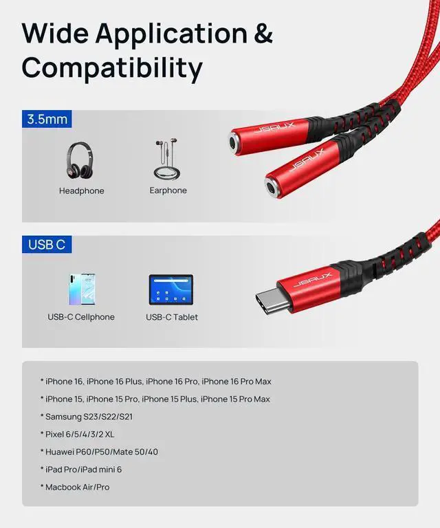 Alt view image 4 of 7 - USB C to Dual 3.5mm Female Headphone Splitter Type C to Dual 3.5mm Female Aux Y Jack Headphone Adapter Compatible with iPhone 16 Pro Max/15 Pro Max Galaxy S24/23 Ultra Pixel iPad Pro-Red