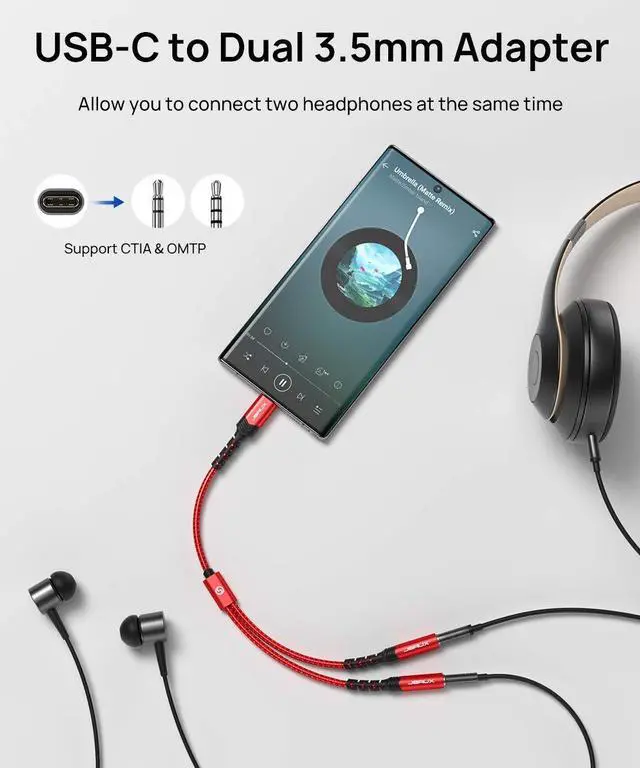 Alt view image 6 of 7 - USB C to Dual 3.5mm Female Headphone Splitter Type C to Dual 3.5mm Female Aux Y Jack Headphone Adapter Compatible with iPhone 16 Pro Max/15 Pro Max Galaxy S24/23 Ultra Pixel iPad Pro-Red