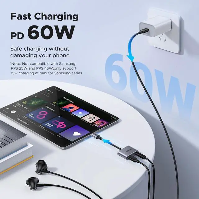 Alt view image 3 of 7 - USB C to 3.5mm Headphone and Charger Adapter 2 in 1 Type C to Aux Audio Jack with PD 60W Fast Charging Dongle for Headphone Earbud Compatible with  S25/24 Ultra iPad Pro Air