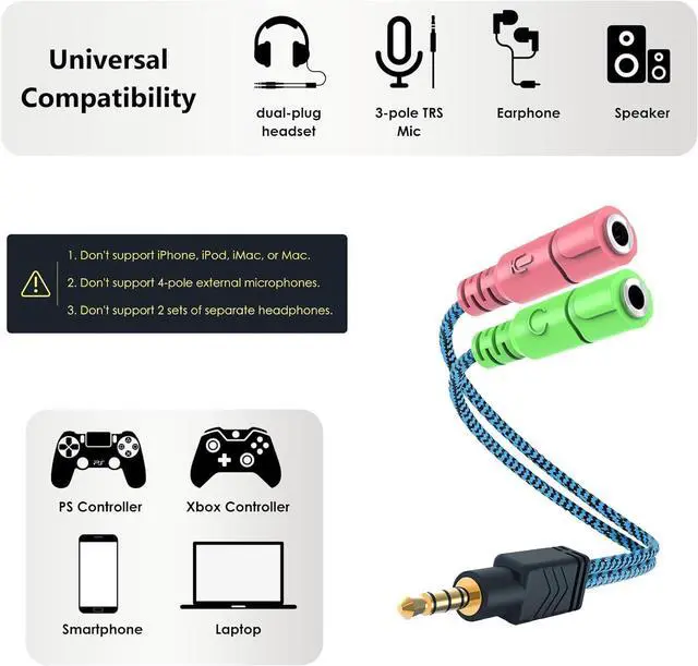 Alt view image 4 of 7 - Headphone Mic Splitter 3.5mm Headset Adapter (Microphone + Audio) 2 TRS Female to TRRS Male CTIA Stereo Jack Y Cable Compatible for Dual-Plug Gaming Headset to Xbox PS4 Phone Laptop PC
