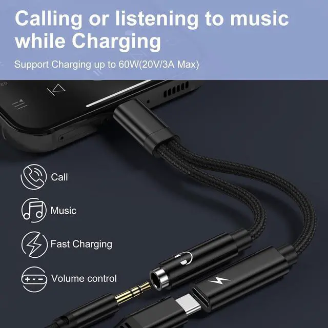 Alt view image 2 of 7 - USB C to 3.5mm Headphone and Charger Adapter for  Galaxy A55 A35 S25 S24 S23 Ultra A16 A15 A54 2 in 1 USB Type C to Aux Audio Jack Adapter with PD 60W Fast Charging Dongle Cable for iPhone 16